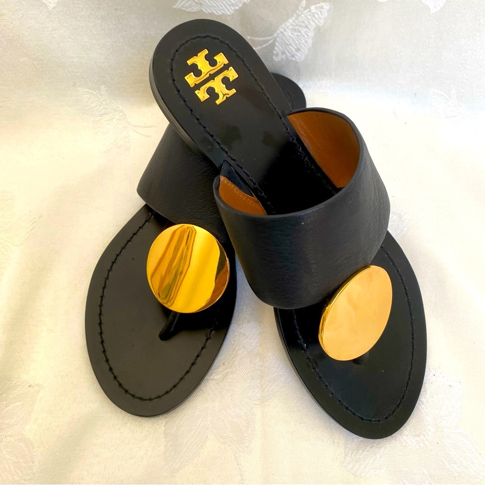 Tory Burch 73193 Patos Black Leather Gold Hardware Women's Sandal Sz 6M - Picture 5 of 10